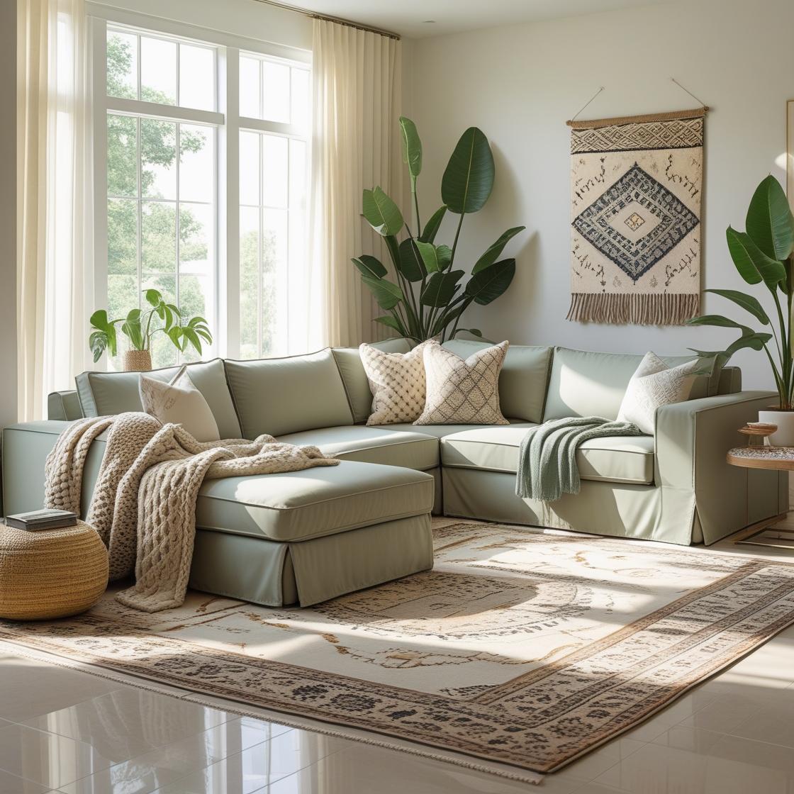 A stylish, modern USA living room featuring a large L-shaped sectional with a trendy custom slipcover in neutral tones (beige, grey, or sage green), surrounded by cozy textures like knit throws and patterned pillows.