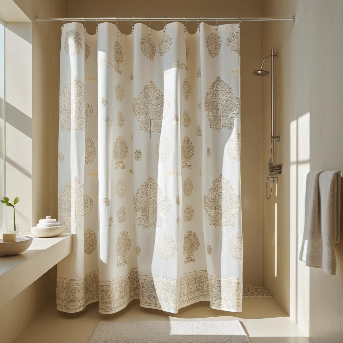 A small, cozy bathroom styled with light-colored decor—pale grey or off-white walls, a soft blush shower curtain, and beige accents.