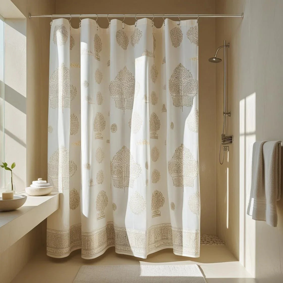 A small, cozy bathroom styled with light-colored decor—pale grey or off-white walls, a soft blush shower curtain, and beige accents.