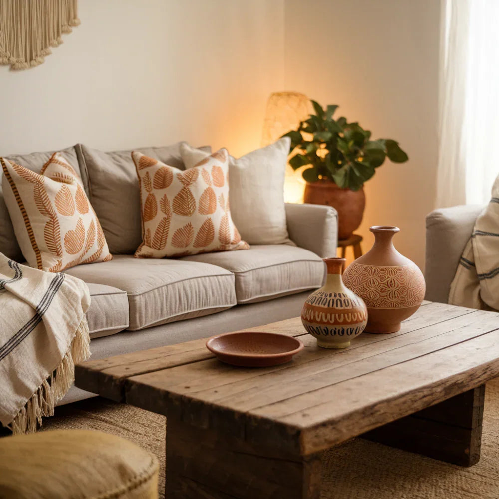 A warm and inviting living room styled with elegant yet affordable home goods from Fabdivine. A plush linen sofa adorned with artisanal block printed throw pillows sits near a rustic wooden coffee table. 
