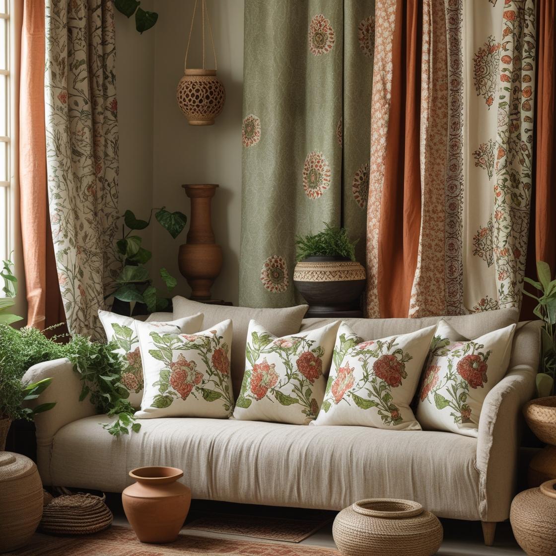 A warm, cozy, and elegant living room styled with Fabdivine home textiles.