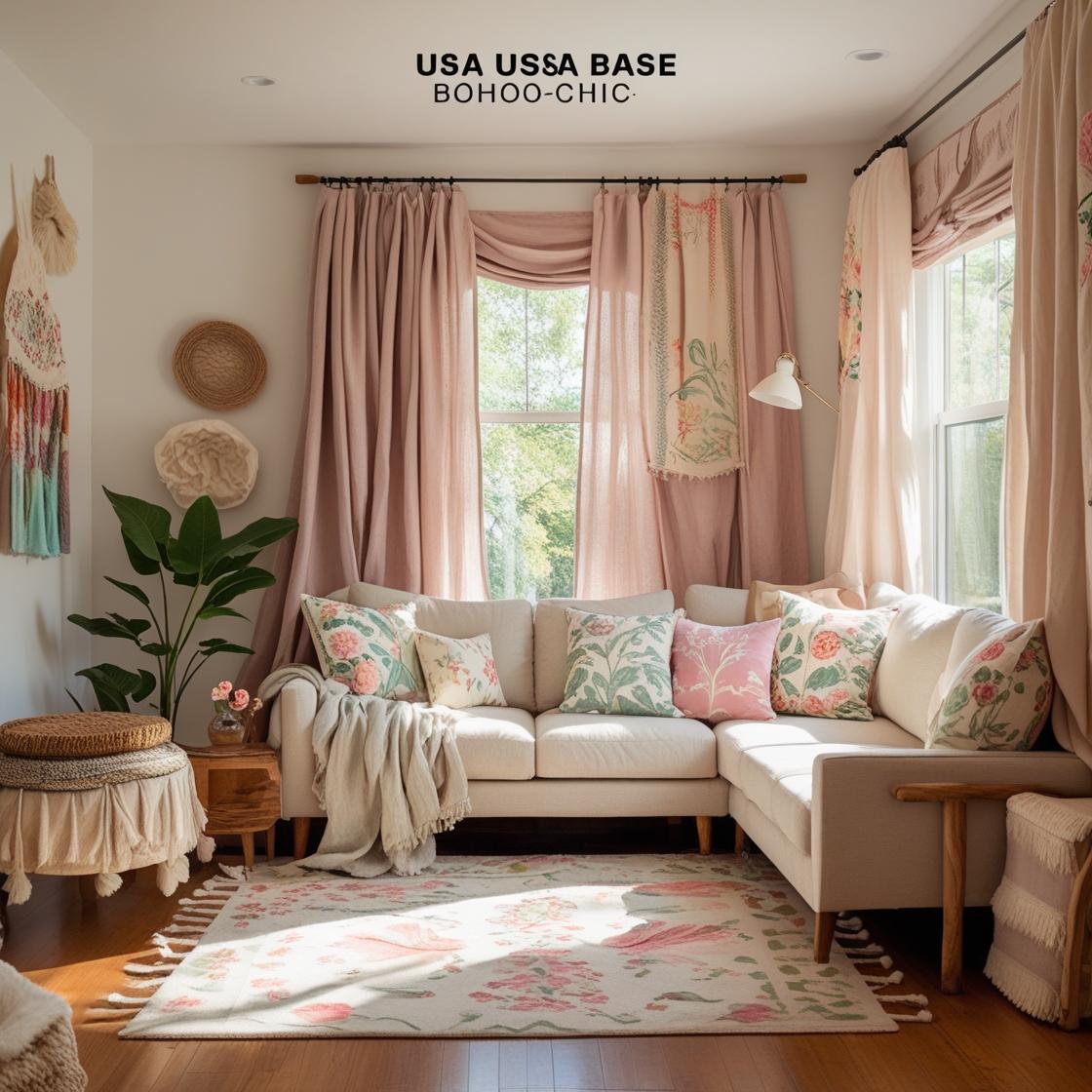 A warm, inviting living room styled on a budget, featuring a mix of colorful block print cushions and flowing linen drapes.