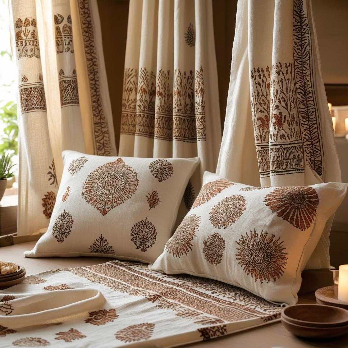 A warm, inviting interior setting featuring elegant hand-block printed linen décor—curtains, cushions, and table runners—crafted with intricate traditional Indian block print patterns.