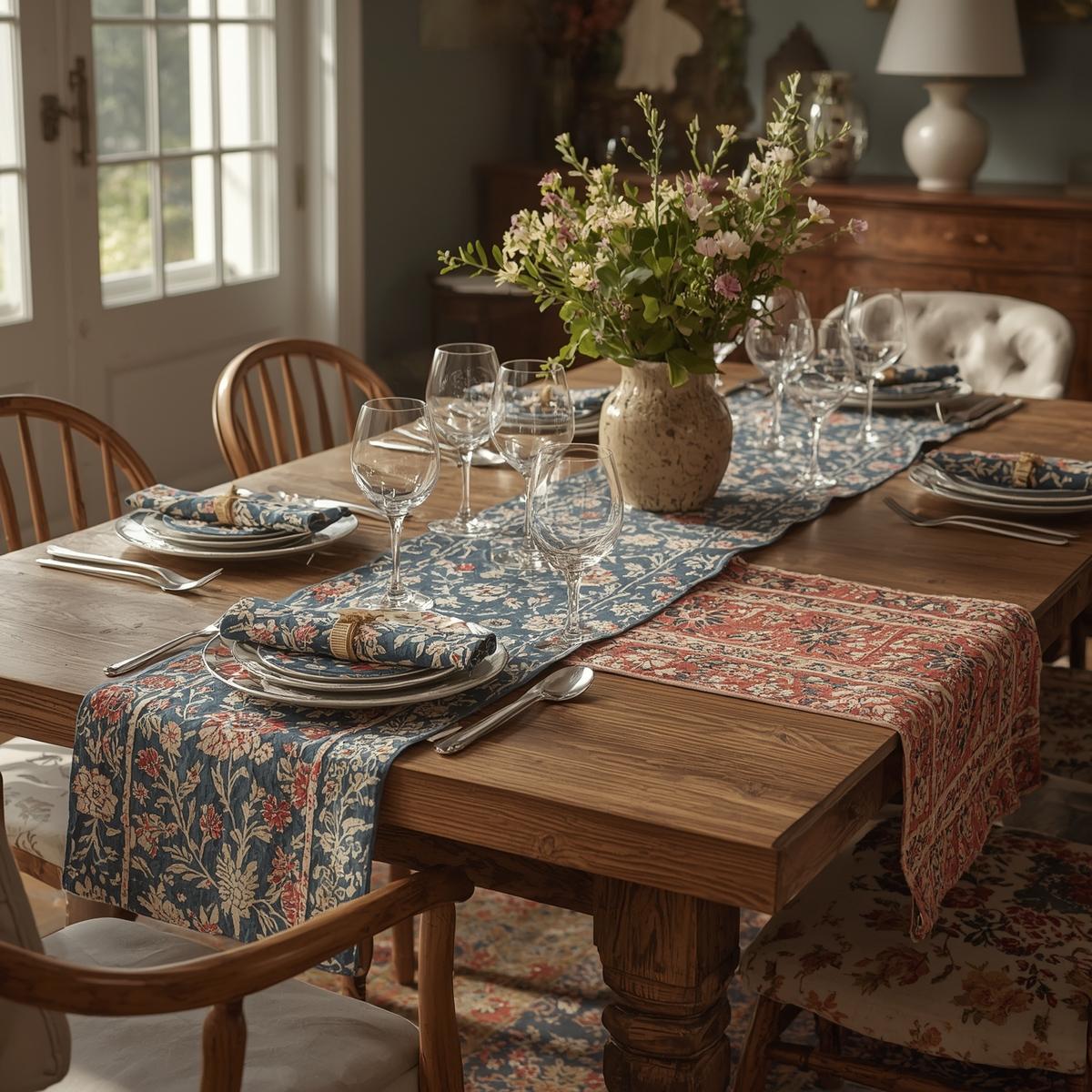 Elegant American dining table set in 2025 with handcrafted Indian block print tablecloth, pastel napkins, and layered table runners, creating a cozy and soulful dining atmosphere.
