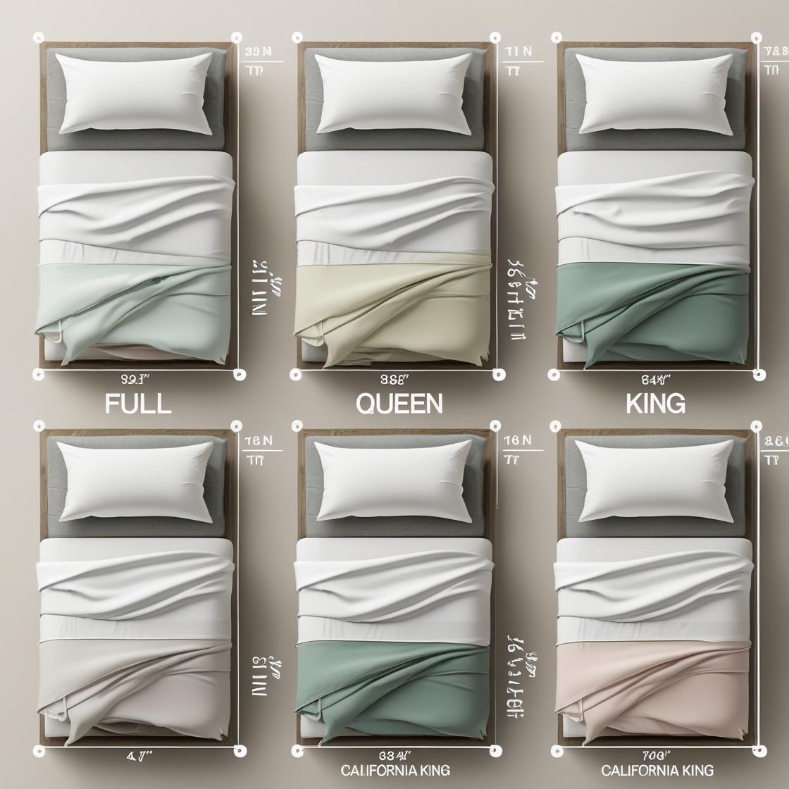 informative and visually appealing infographic-style image showing 5 different bed sizes with blankets laid over them.