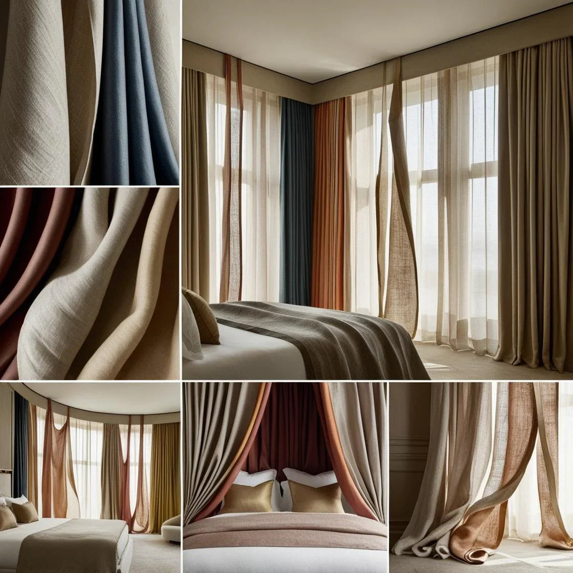 A collage of luxury bedroom interiors showcasing various combinations of linen curtains in earthy tones like terracotta, mustard, beige, and navy.