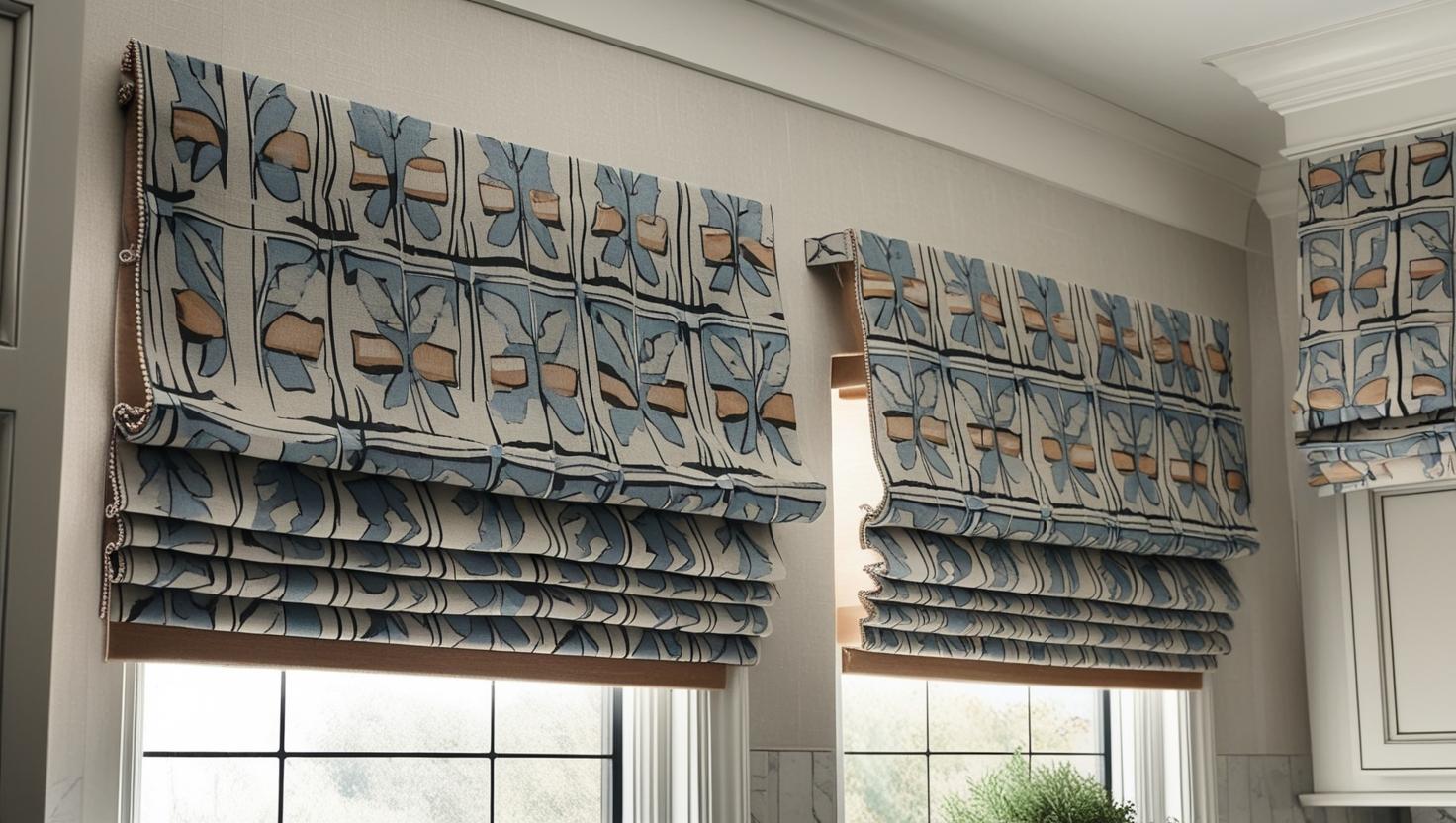 A detailed close-up shot of a pair of stylish Roman shades in a kitchen setting, showcasing a vibrant block-printed design. The shades are made of a durable, high-quality fabric with a rich texture, exhibiting a sophisticated blend of form and function. 