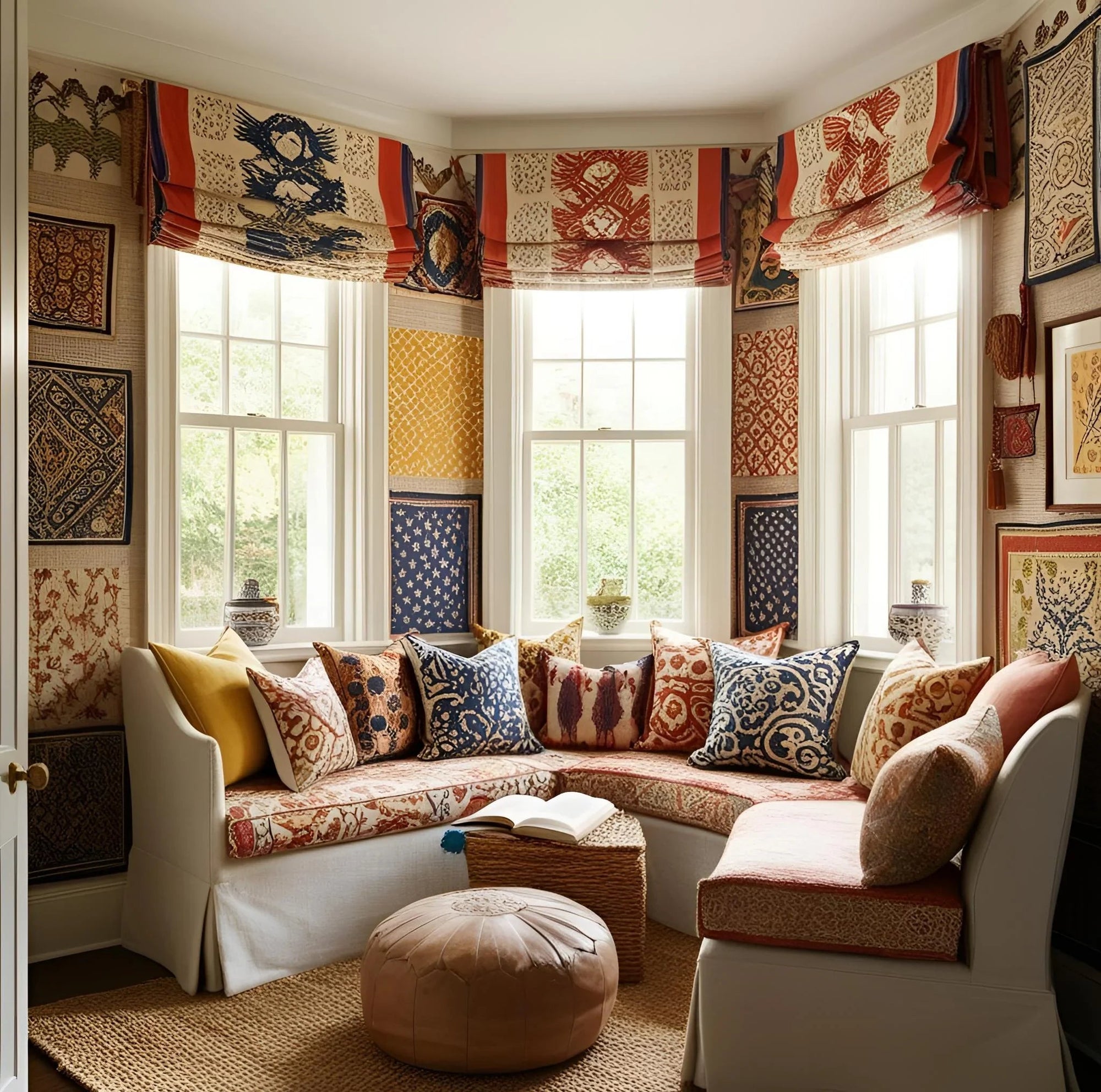 Handmade block-printed textiles with artisan imperfections, soft organic drape, rich natural patterns, cozy pillows, comforters, and table linens, inspired by Jaipur craftsmanship, warm earthy tones.