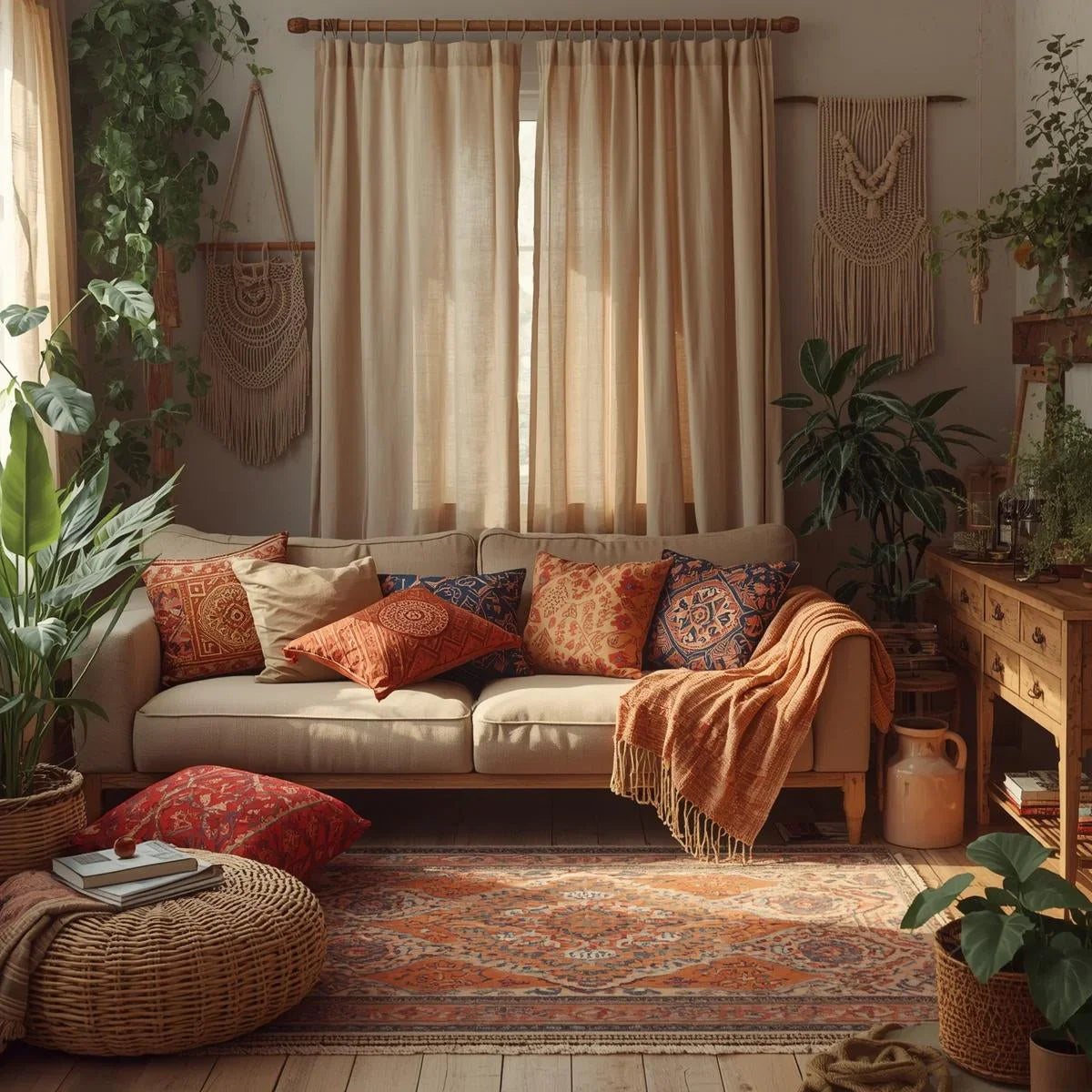 Creating a Cozy Bohemian Living Room: Essentials like Block Print Cushion Covers and Luxury Curtains
