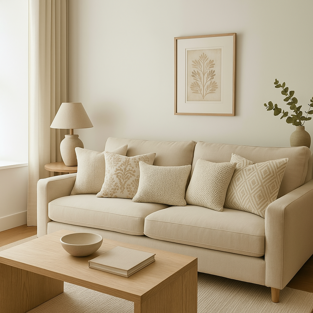 Minimalist neutral-toned living room featuring a beige linen sofa decorated with five textured accent pillows in varying natural patterns. A light wood coffee table with a bowl and book sits in front of the sofa.
