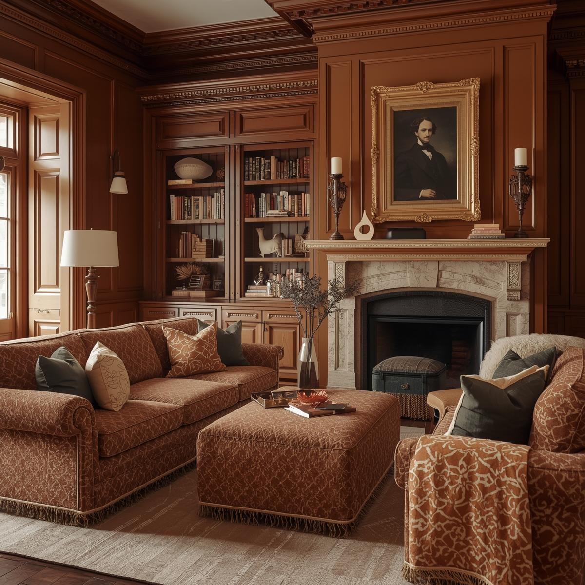 Elegant Colonial Revival living room with carved wooden furniture, patterned throw pillows, and warm earthy tones