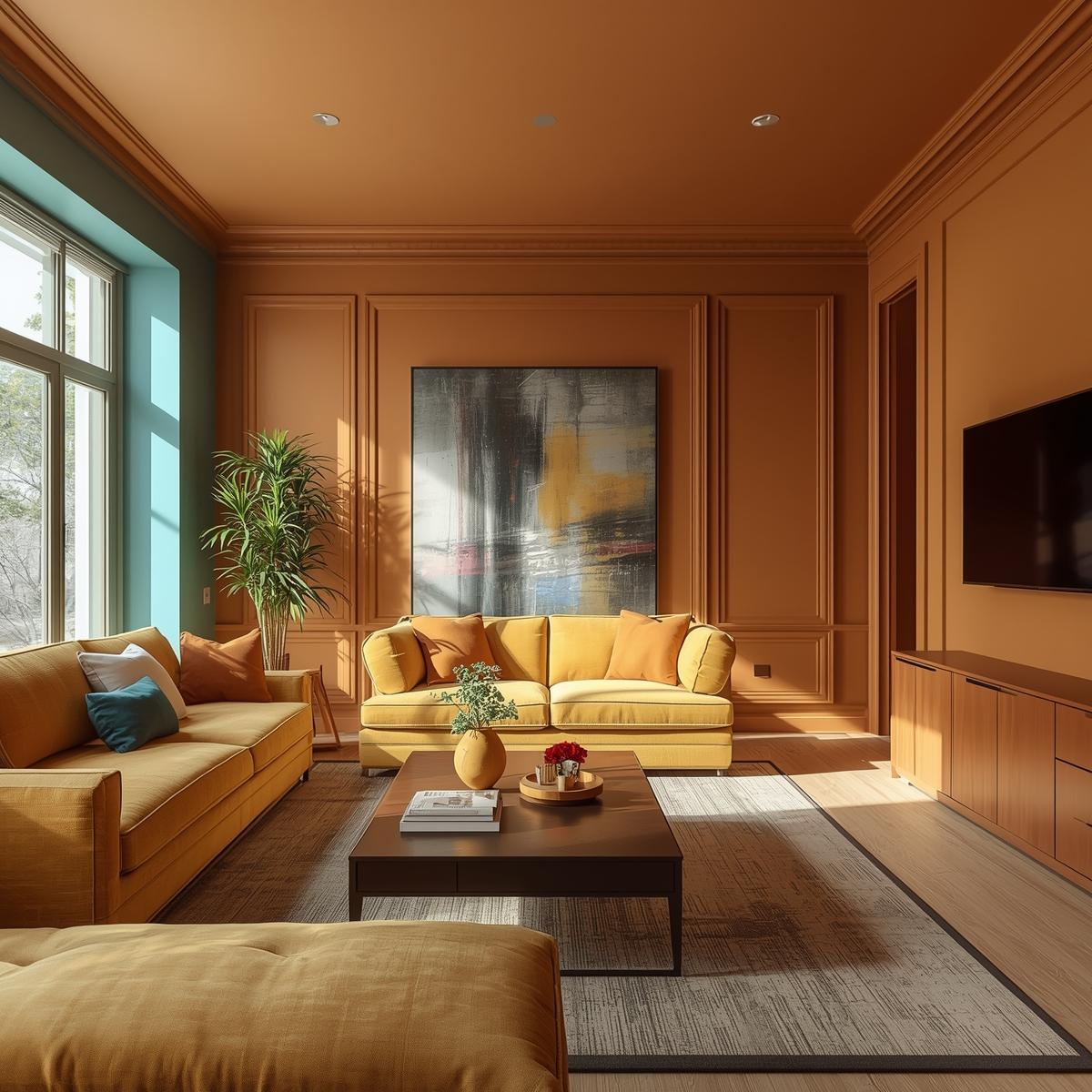 Modern living room fully color-drenched in teal, with walls, furniture, and cabinets matching