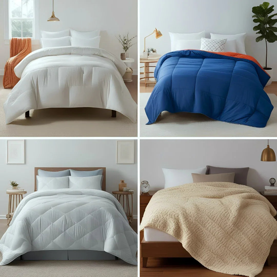 The quilt on top features intricate traditional Indian floral motifs, with a light blue base and peach accents. 