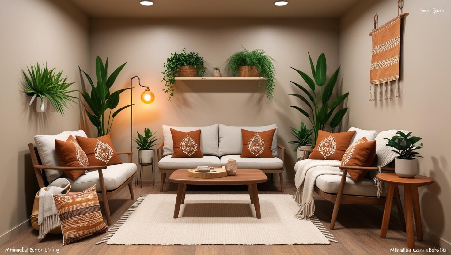 Compact cozy living room decorated with Indian block printed cushions, cotton throw, and a wooden coffee table, warm lighting, neutral color walls, indoor plants, soft rug 