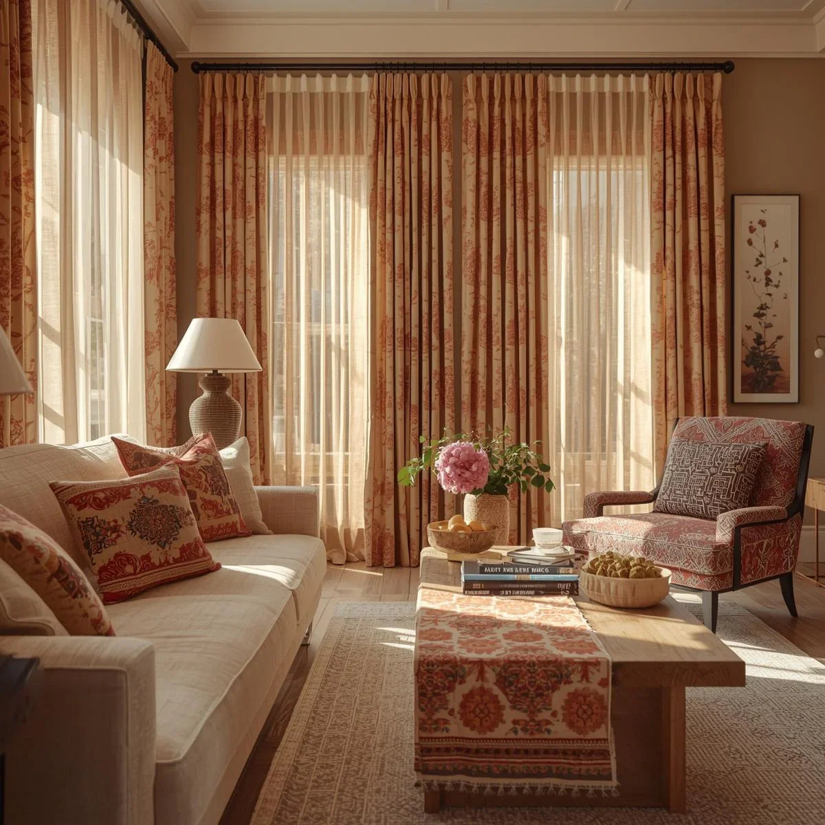 Cozy living room with a colorful block-printed cone lampshade casting warm light