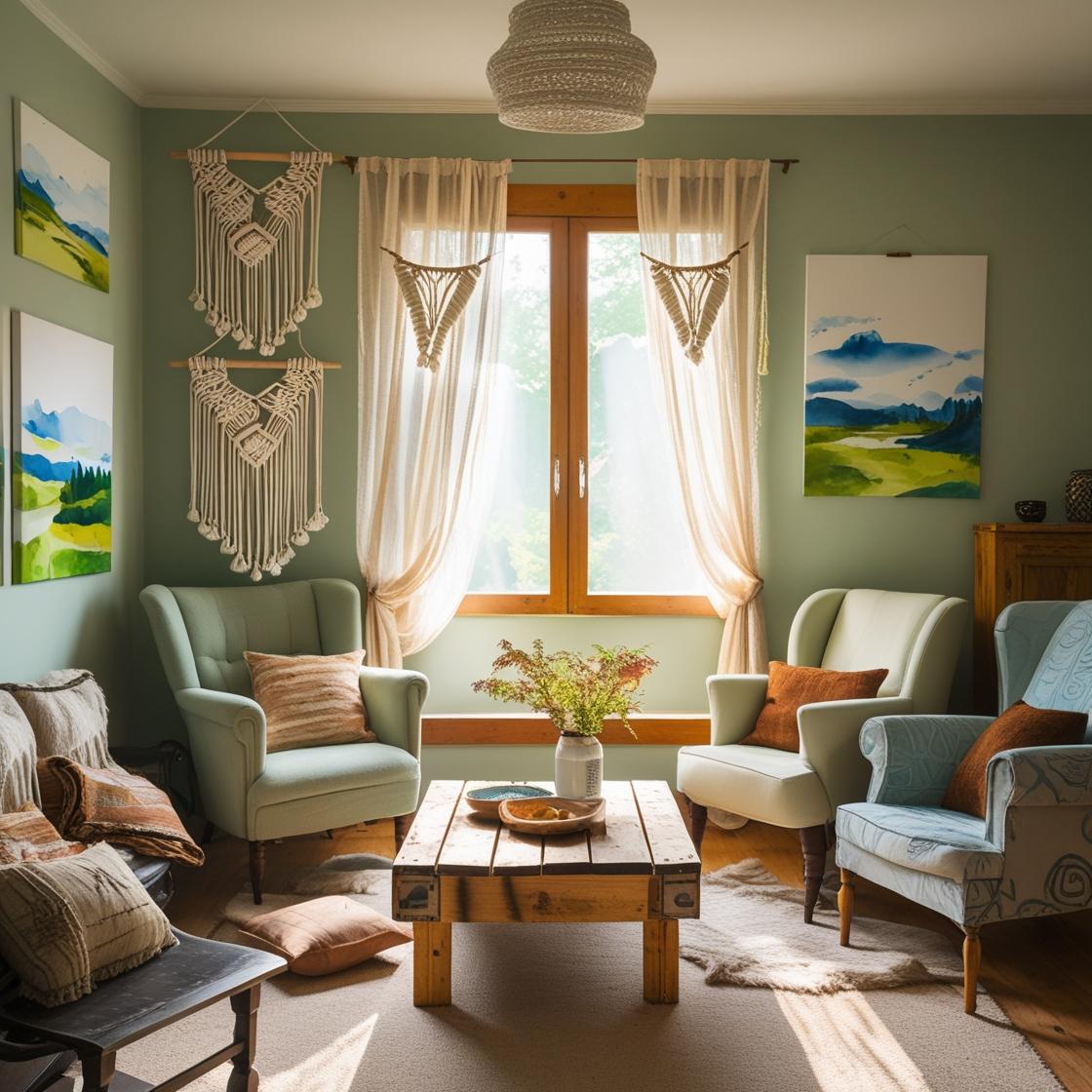 Cozy personalized living space with DIY home accessories, repurposed wall decor, scented candles, and photo displays—each item reflecting personality and comfort, in a warm, inviting atmosphere.