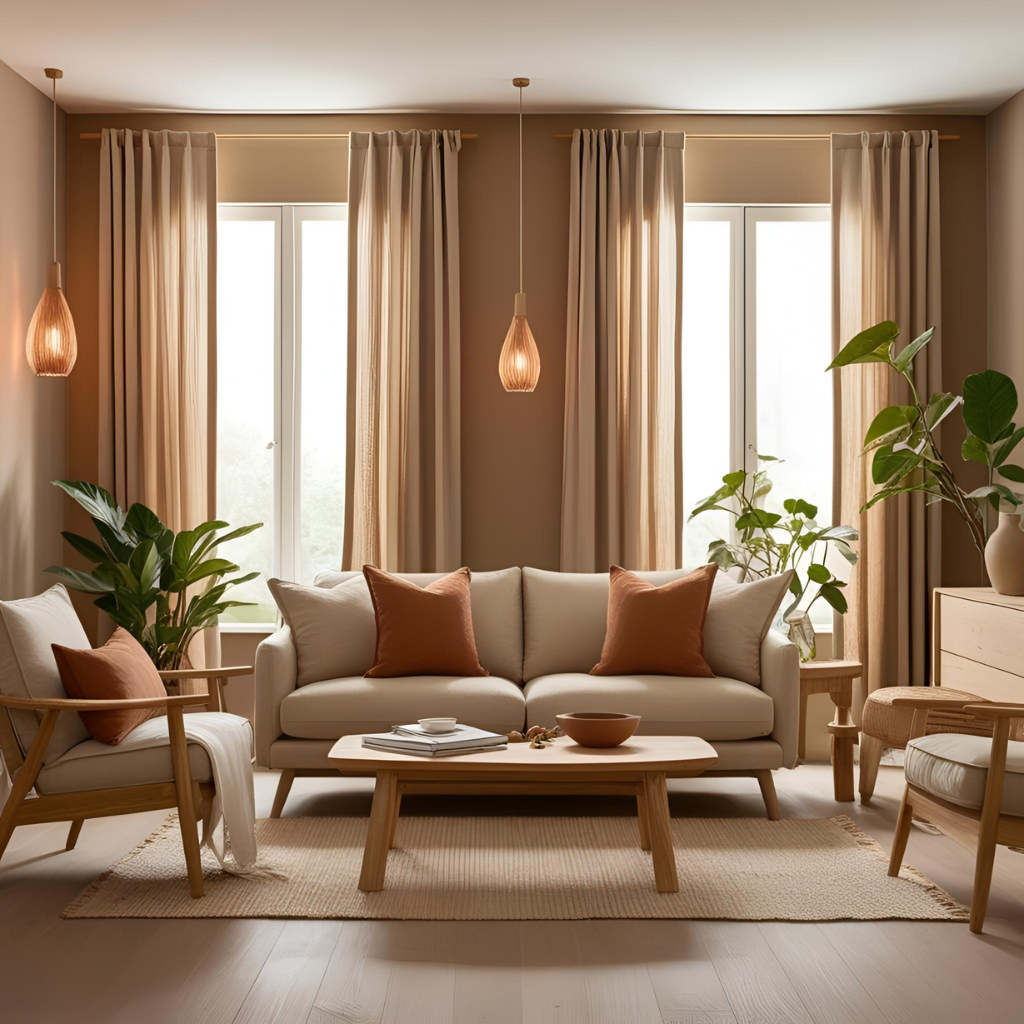 A cozy and modern living room with a warm, neutral color palette featuring a beige sofa adorned with rust-colored throw pillows. The space includes two matching wooden armchairs with beige cushions