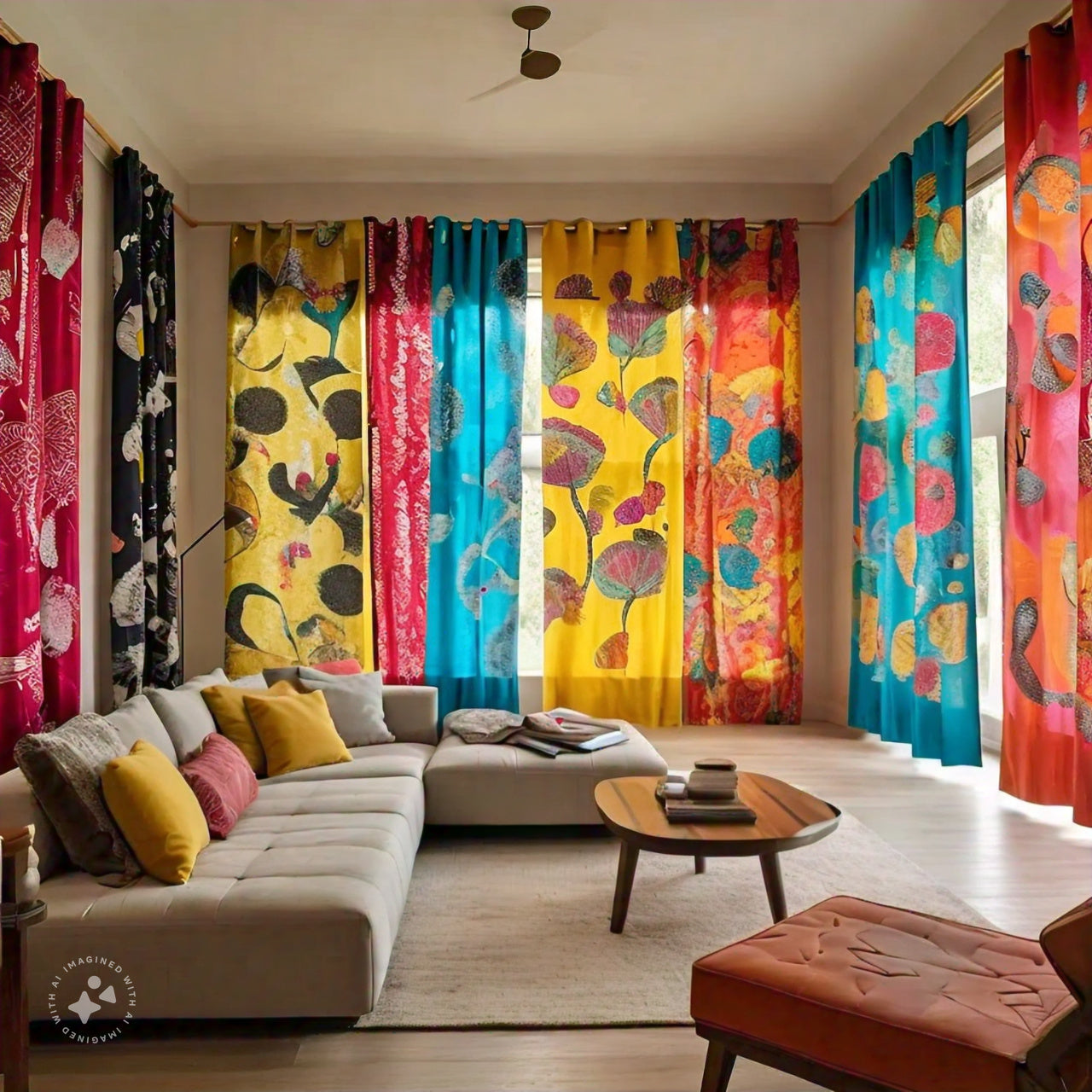 Close-up view of intricate natural-dye block printing on linen curtains, showcasing artisanal craftsmanship.