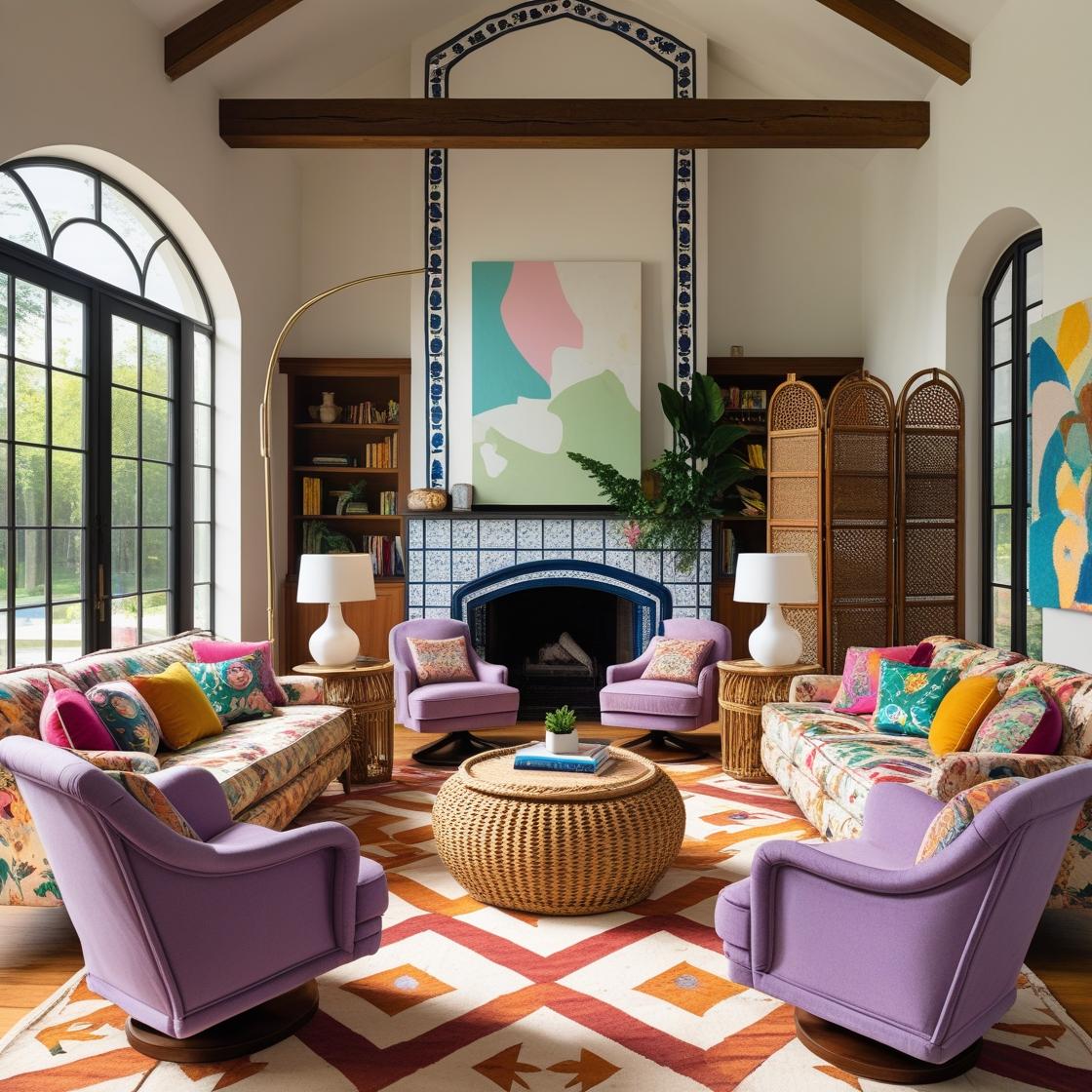 Create a cozy, sunlit living room with a maximalist eclectic decor theme. Include two vintage floral-print sofas facing each other, layered with colorful throw pillows .