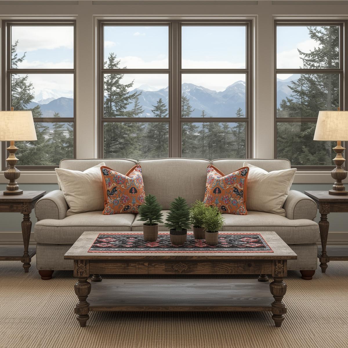 Sofa with oversized beige and small textured pillows.