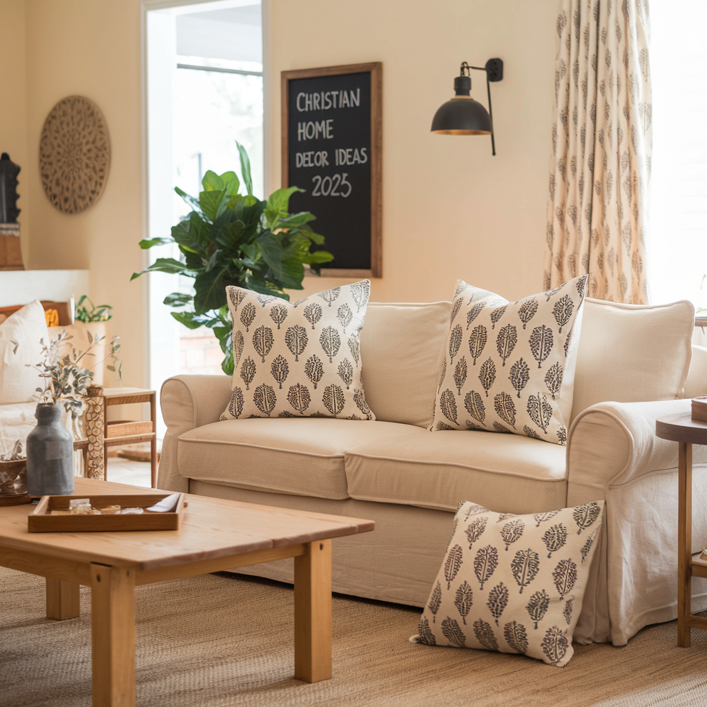 A photo of a warm and cozy living room with Indian block print linen and cotton pillow covers. There are two large pillows and two smaller ones on a beige sofa. The room has a beige rug, a wooden coffee table, and a wall mounted lamp