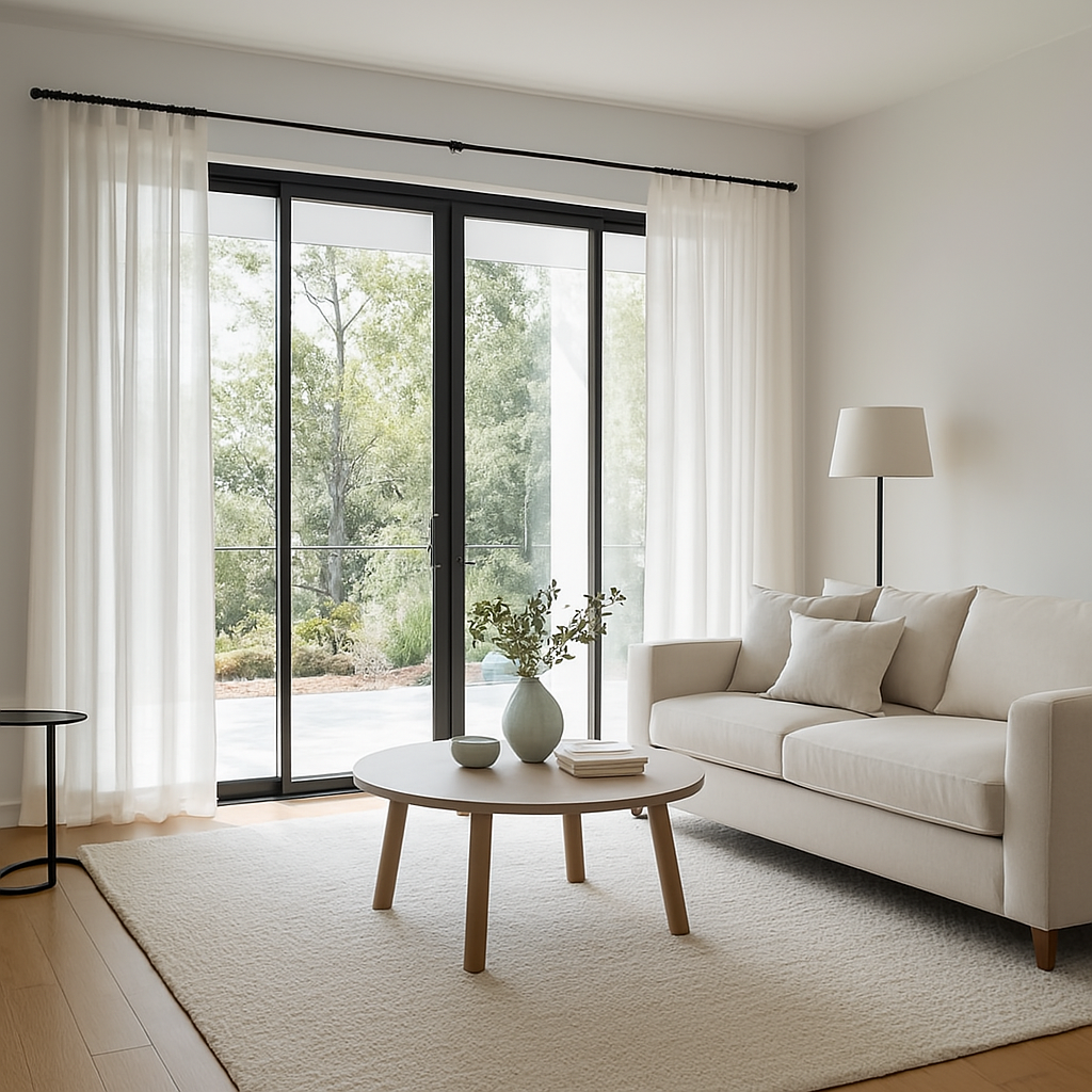 Elegant linen and sheer curtains layered over a sliding glass door, offering a soft, breezy look with subtle block print detailing.