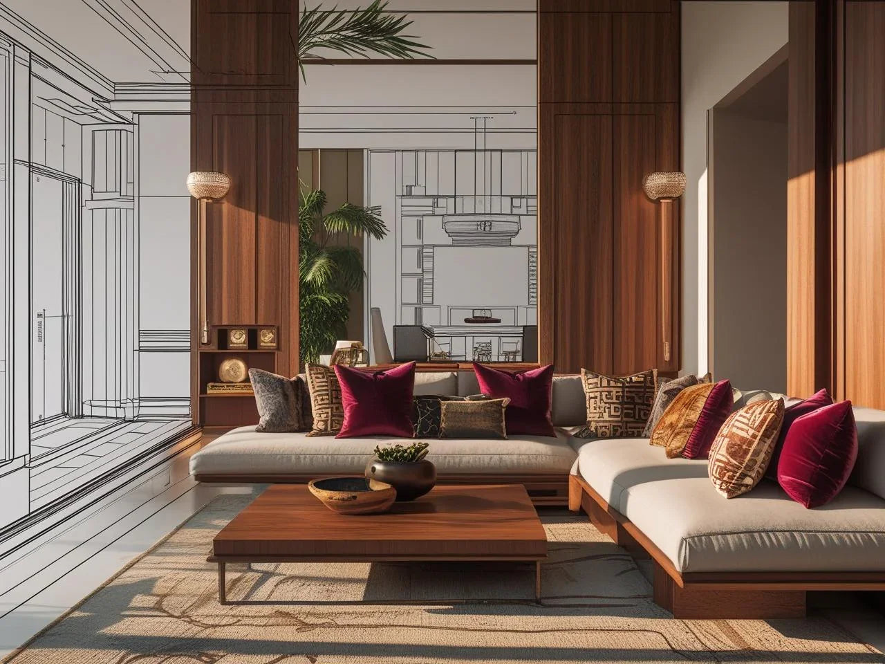 Design table with blueprints turning into a luxurious modern living room, layered with block print pillows.
