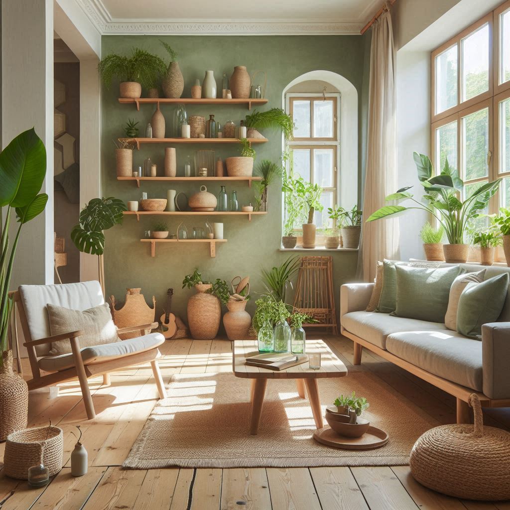 A cozy, eco-friendly living room with natural light streaming through large windows. Decor includes indoor plants, sustainable wooden furniture, organic cotton cushions.
