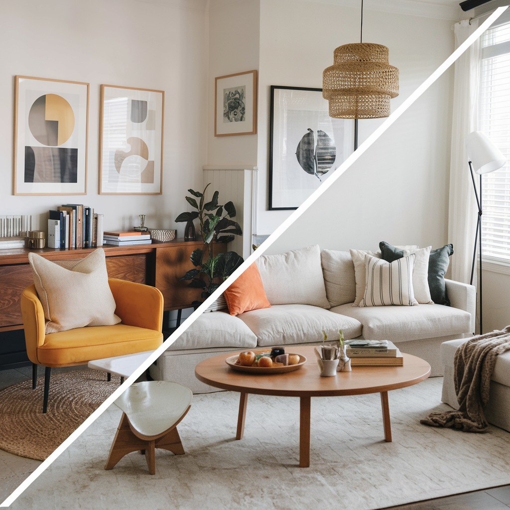 A split-image of cozy, trendy living rooms with various decor styles: DIY Projects, Minimalist Design, Eco-Friendly Decor, and Thrift and Vintage Finds.