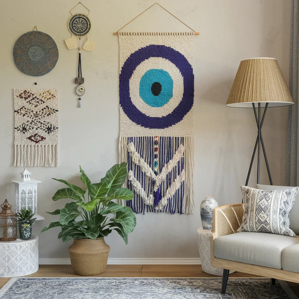 A photo of a home decor piece with an evil eye symbol. The evil eye is a symbol of protection and good energy. The decor piece is a wall hanging with a large evil eye. The background is a living room with a rug, a lamp, and a plant. 