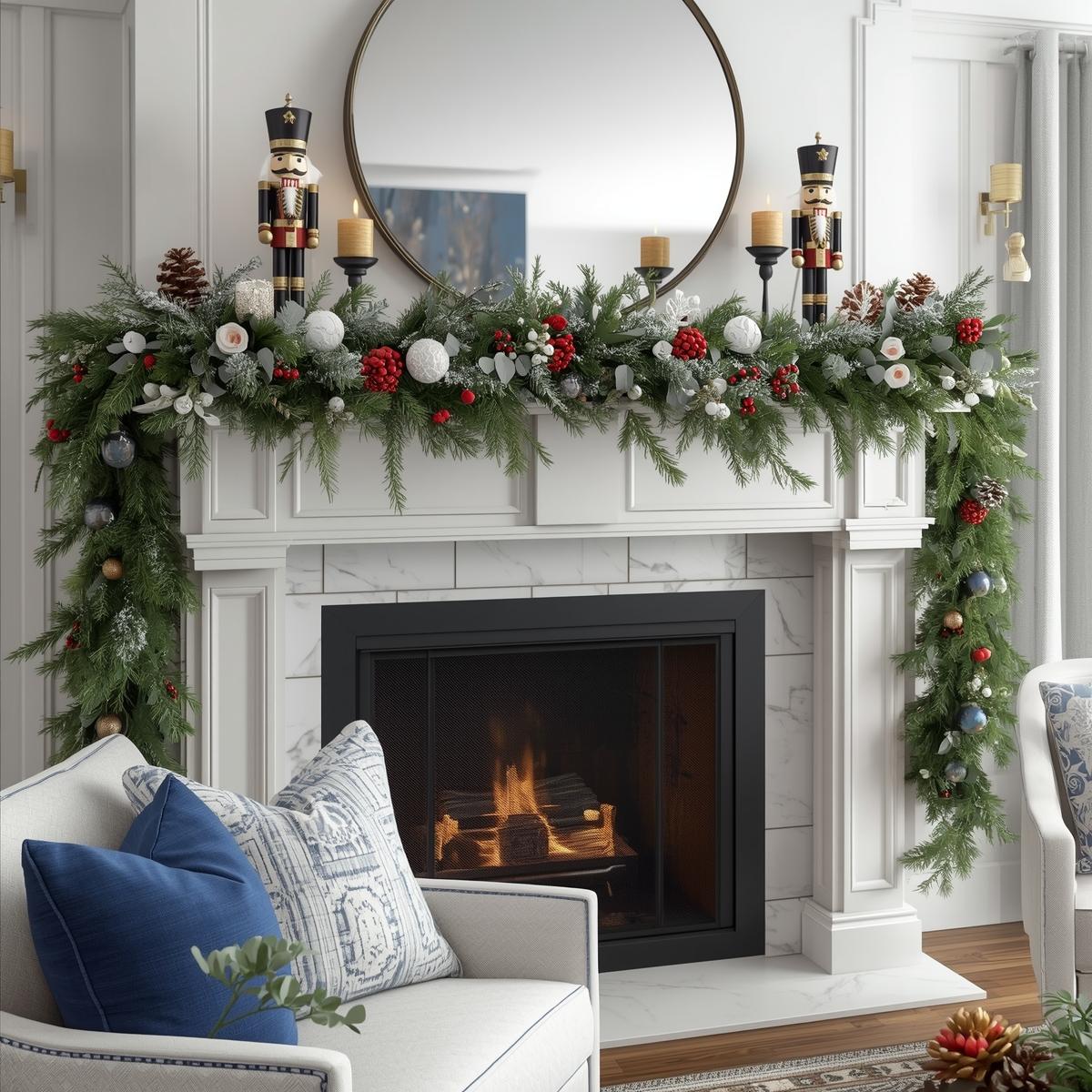 Mantel Decor Ideas with block print stockings , block print chritsmas pillow