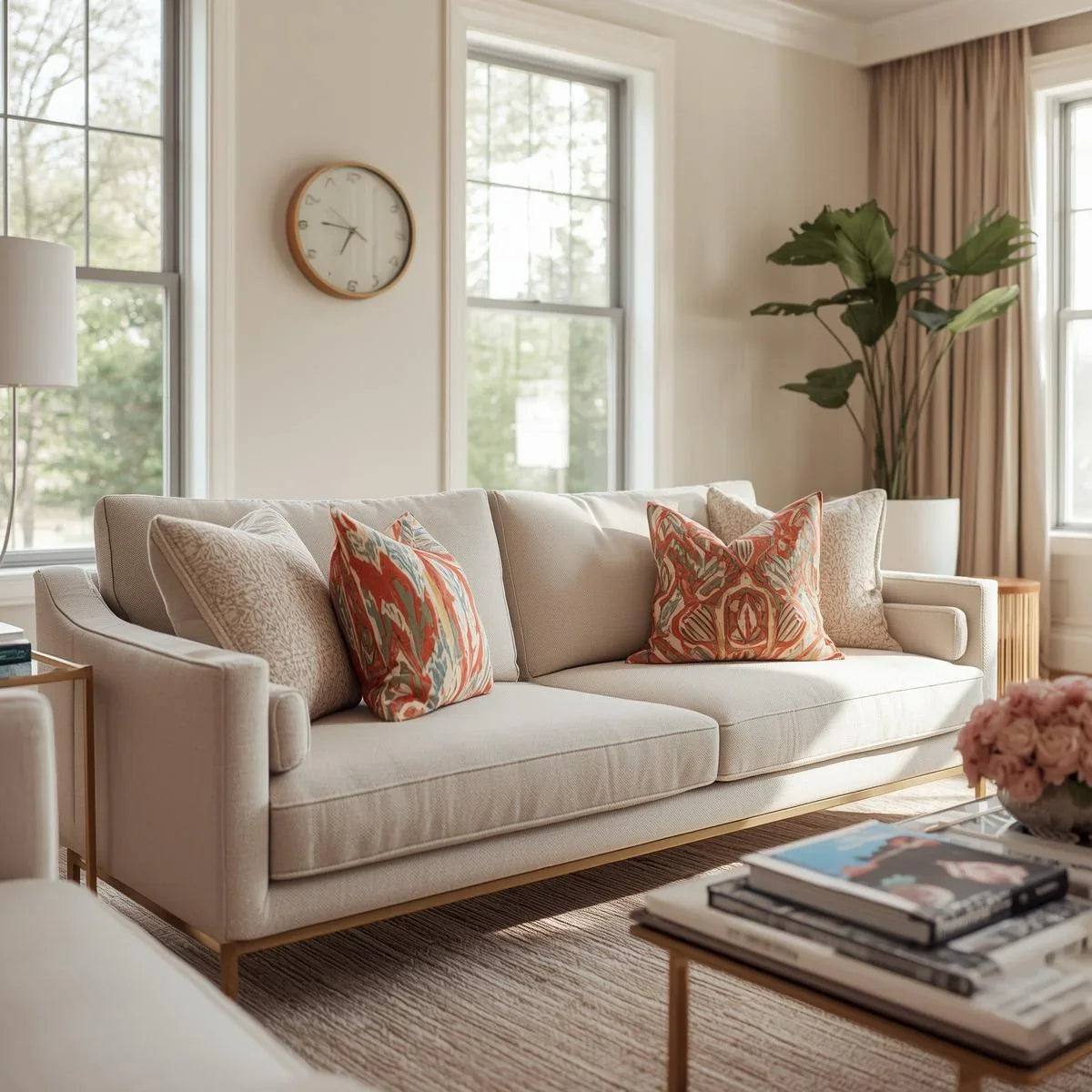 Modern living room with vibrant block-printed pillows as the focal point, creating a stylish and cozy atmosphere.