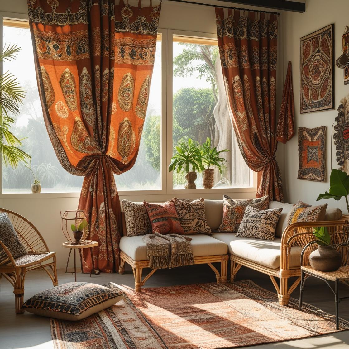 Indian block-printed curtains with floral motifs hanging in a boho-style living room, surrounded by rattan furniture, layered rugs, and eclectic wall art.