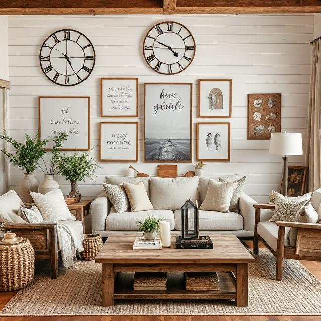 vintage maps, botanical prints, pressed flowers, and inspirational quotes in varied but harmonized frames. 