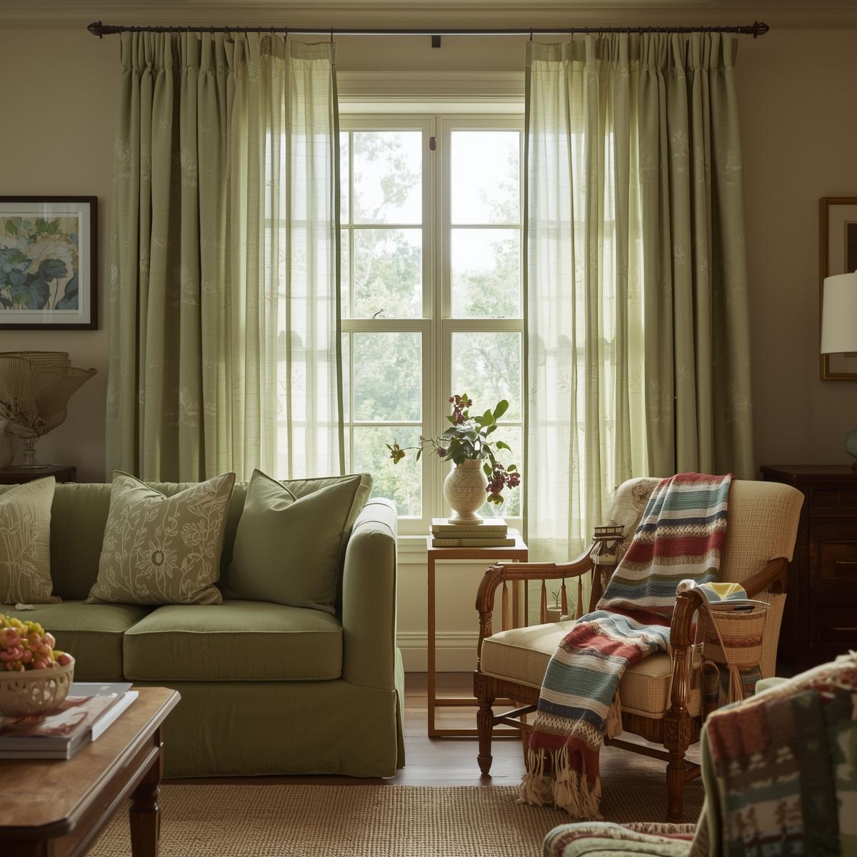 A cozy living room with a light green floral curtain, sage-green sofa, and natural light creating a warm, inviting farmhouse vibe