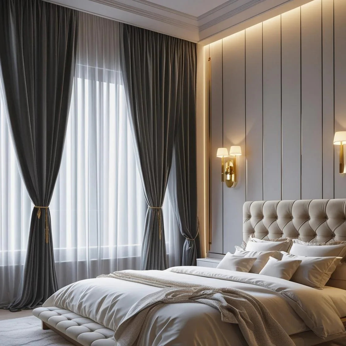 Elegant modern bedroom with full-length charcoal blackout curtains, layered with sheer white drapes behind, a tufted beige headboard.