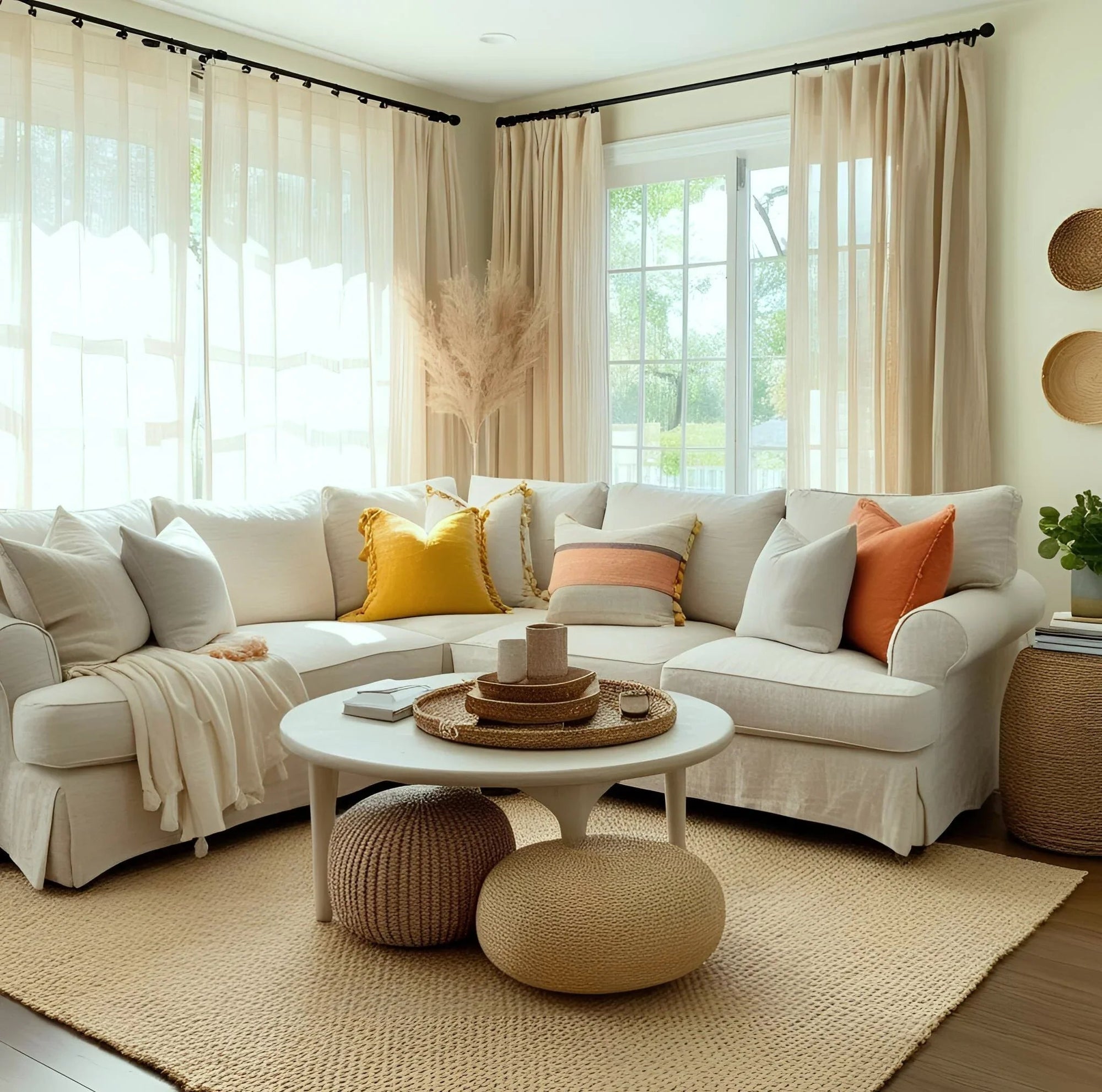 Bright summer living room with neutral sectional sofa, pops of yellow and coral pillows, woven poufs, and sheer beige curtains creating a light, airy feel.