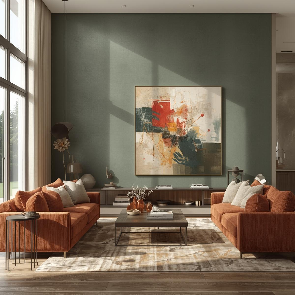 Elegant living room blending sleek contemporary design with vibrant boho and abundant indoor plants.