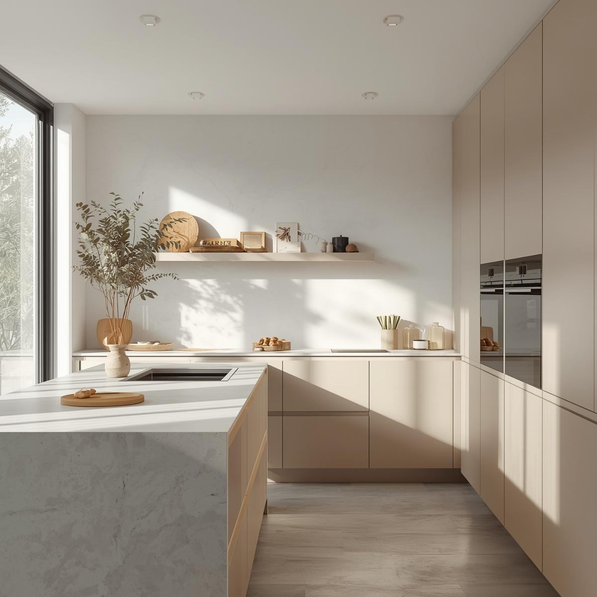 Modern kitchen with open shelves, potted herbs, and colorful plates