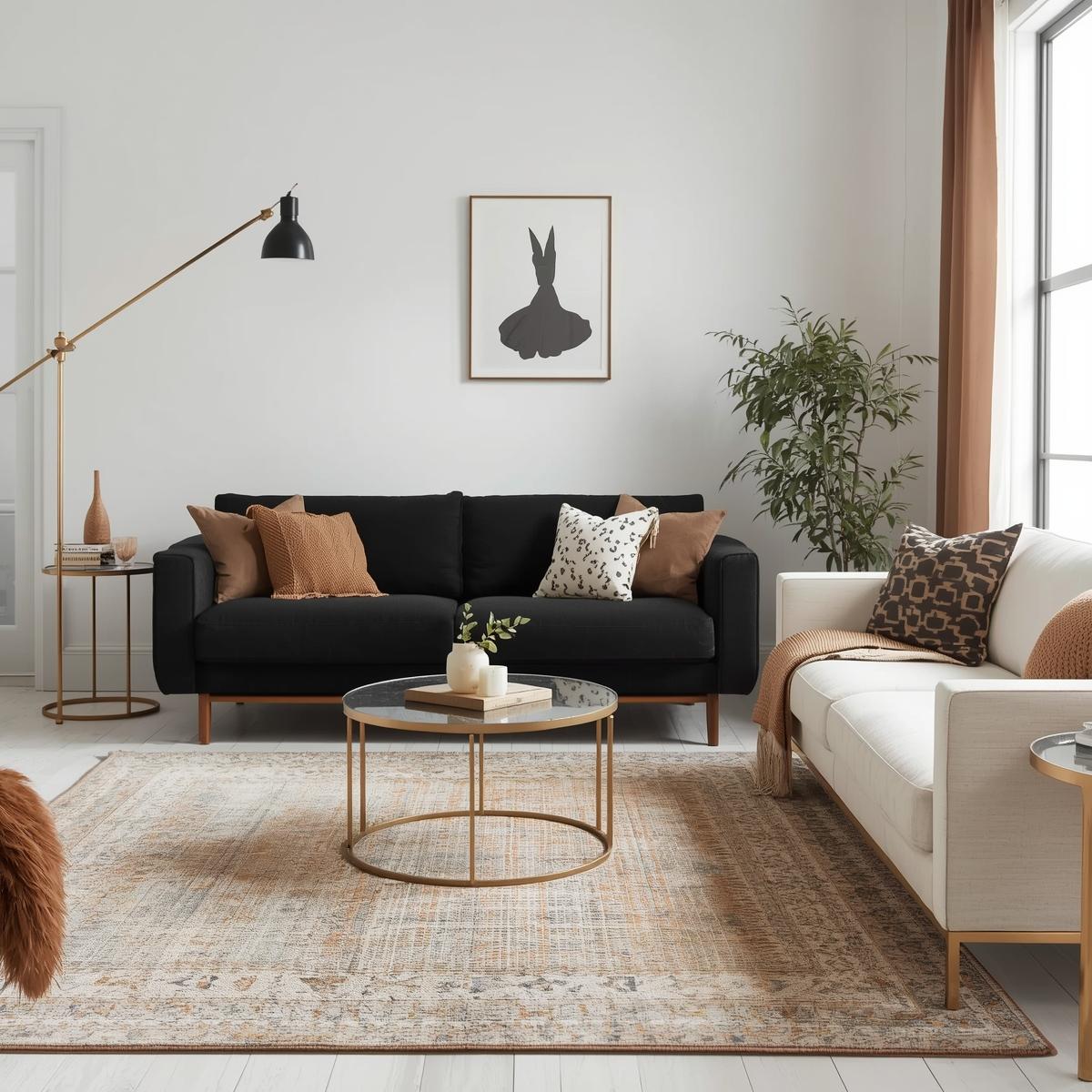 Modern American living room with a black couch centerpiece, styled with metallic accents, neutral rugs, and patterned throw pillows for a bold yet cozy 2025 design.