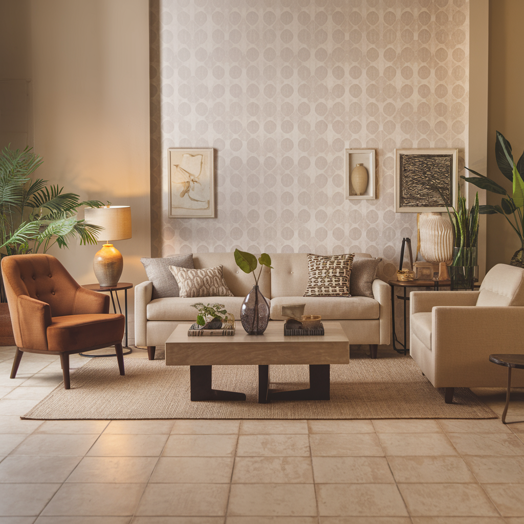 A photo of a living room with a beige sofa, a brown chair, and a coffee table. 