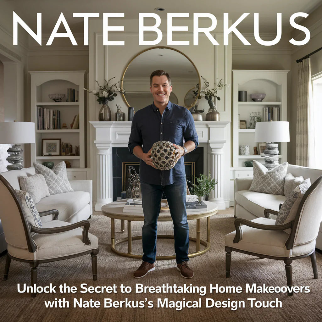  interior designer Nate Berkus, showcasing his exceptional talent in transforming spaces with just one design move. He stands confidently in a tastefully decorated living room, surrounded by elegant furniture, and holds a striking decorative item. 