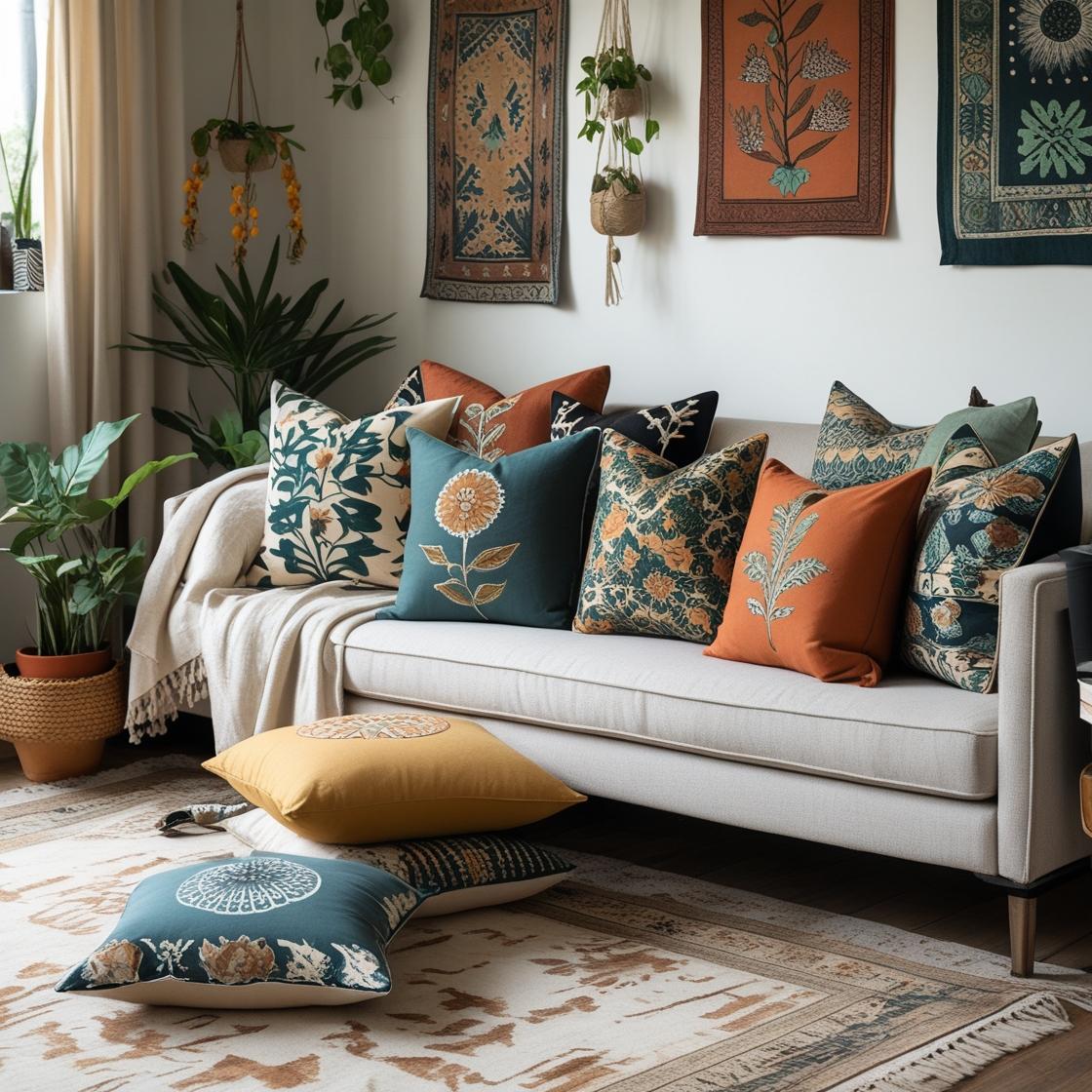 The setting includes a modern or bohemian-inspired sofa adorned with a mix of hand block printed pillow covers in various sizes like lumbar, 24×24.