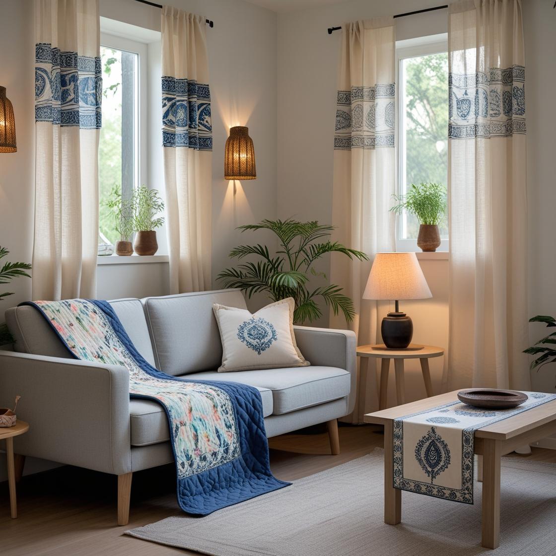 serene Scandinavian-style living room corner blended with Indian hand-block print accents, creating a space that feels warm, soulful, and minimal. 