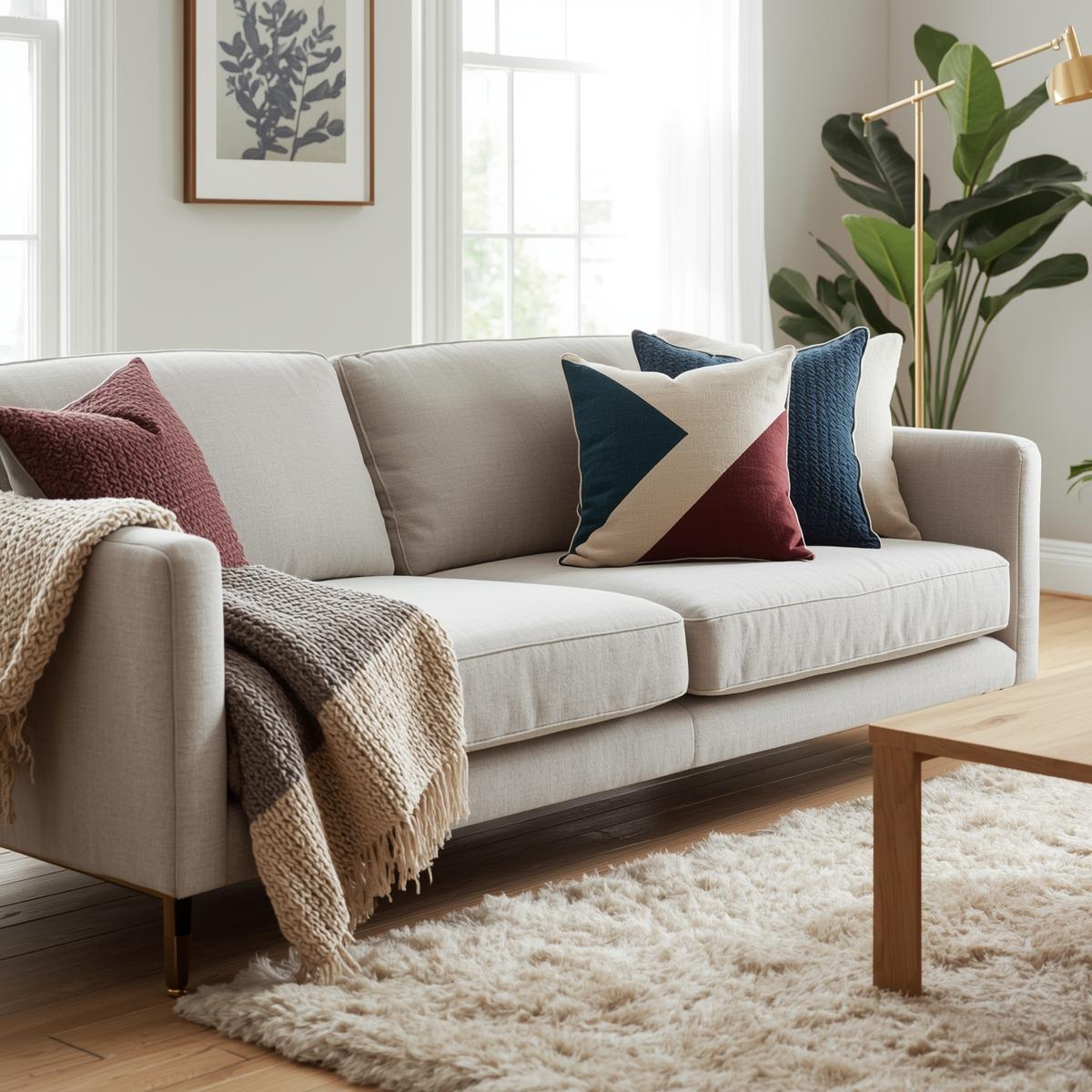 A modern living room with a cozy sofa decorated with neutral gray and beige pillow covers, creating a minimalist and fresh vibe with soft natural lighting.