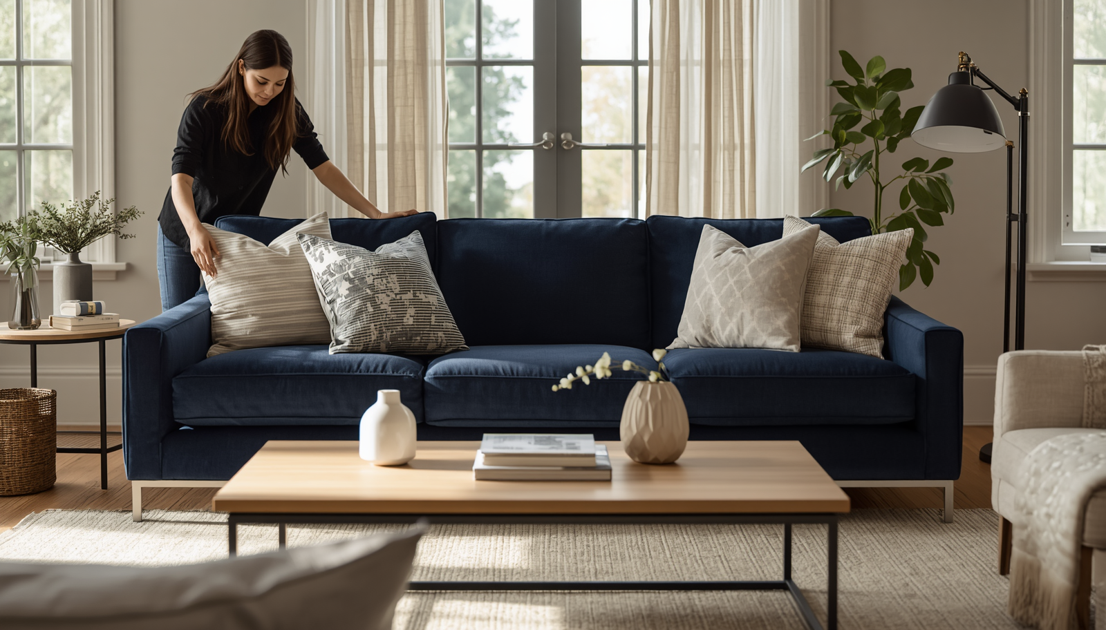 Pattern Mixing with Navy Blue Couch Covers: USA Decor Ideas