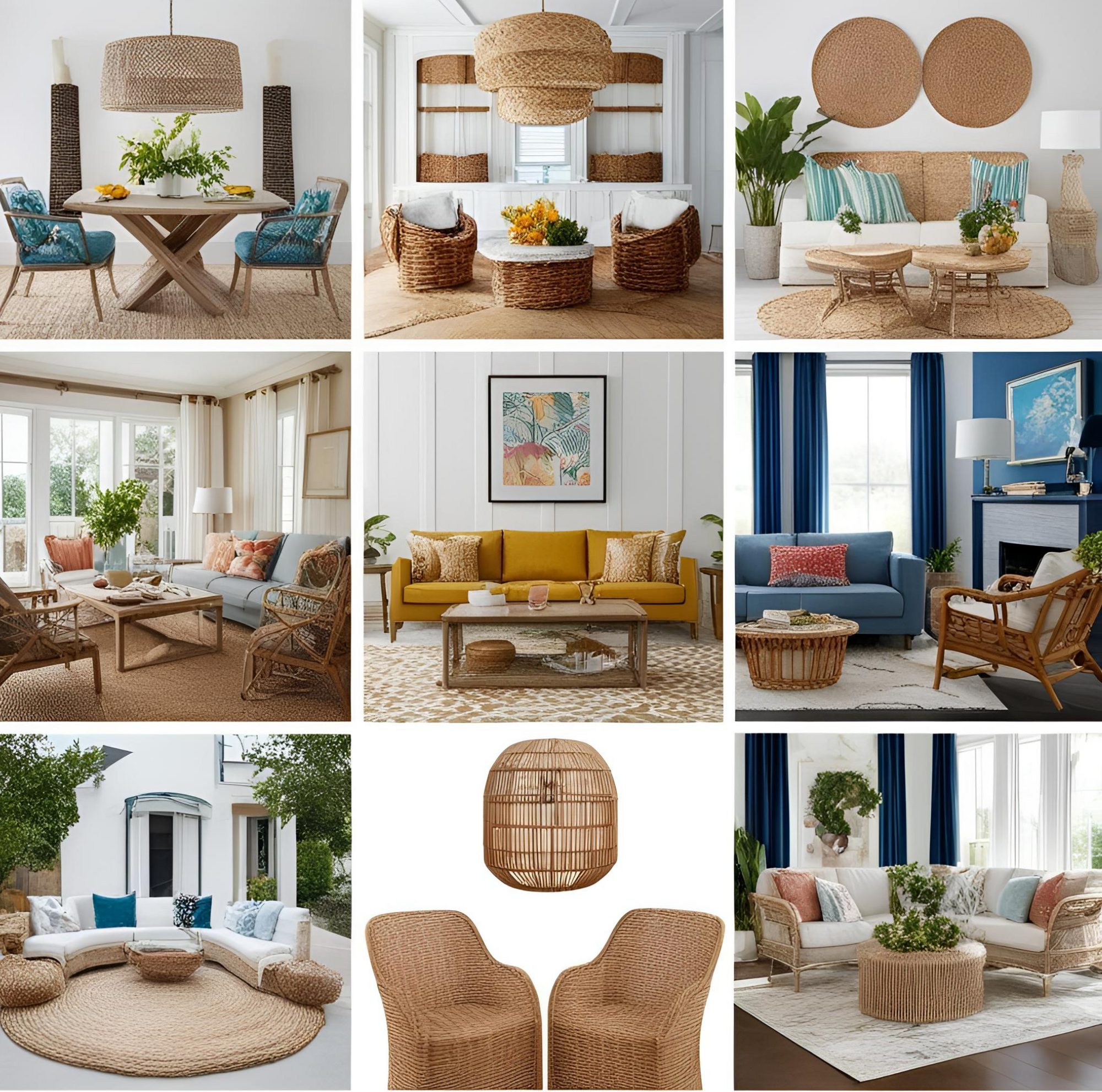 Collection of summer interior design ideas featuring rattan furniture, coastal accents, and seasonal decor trends.