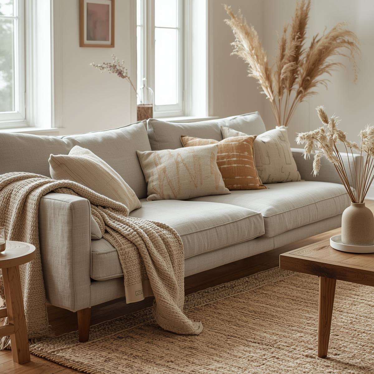 A modern American living room in 2025 featuring a cozy sofa with handmade Indian block-printed pillow covers made from sustainable fabrics, highlighting slow living and mindful home decor.