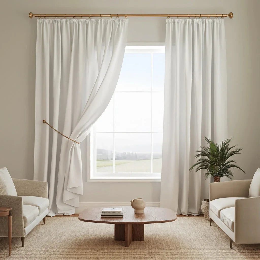 A photo of a living room with white curtains. The curtains are opened, revealing a window with a view of a serene landscape.