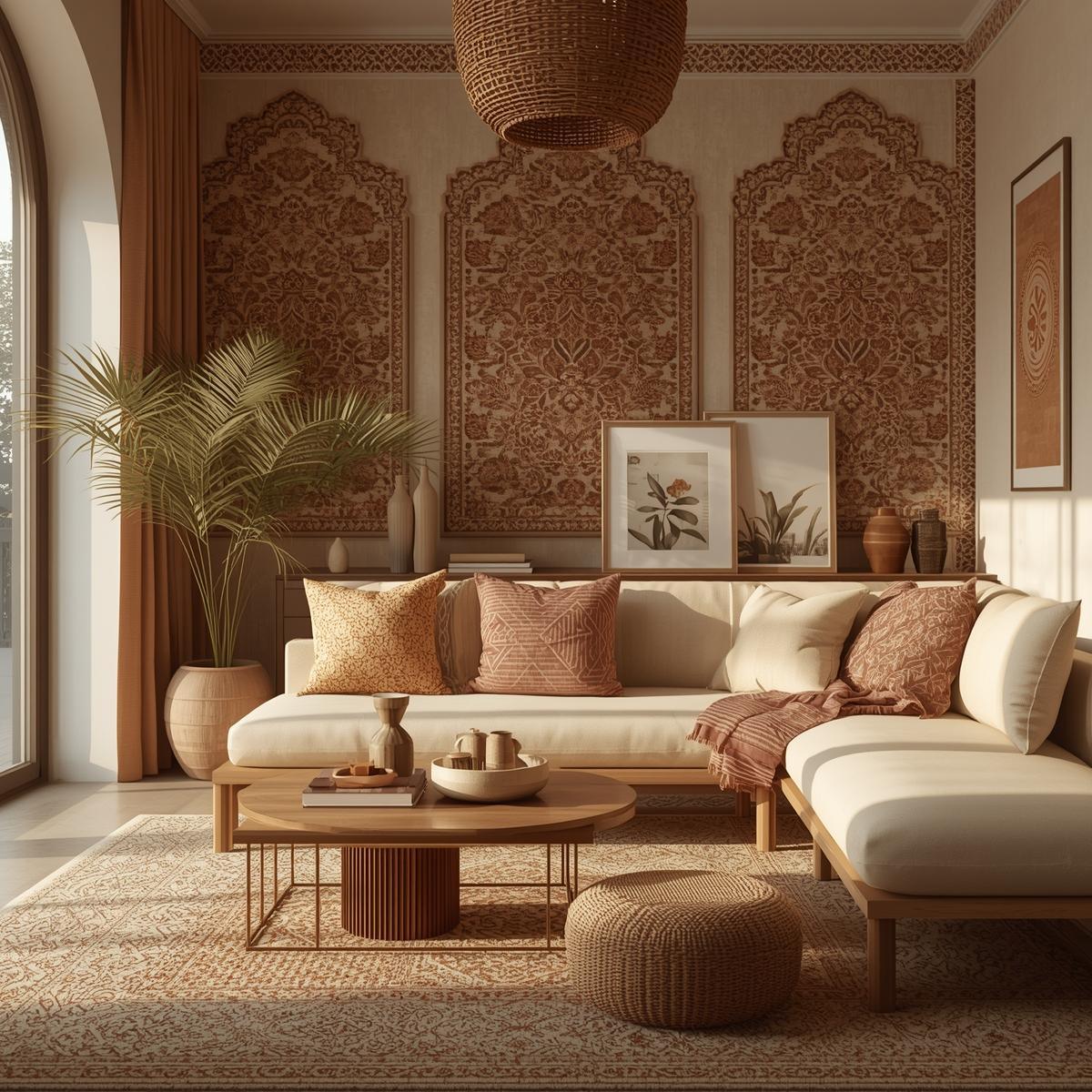 Warm, inviting space with artisanal Fabdivine block-printed decor, soft textures, and natural light highlighting sustainable, handcrafted elements.
